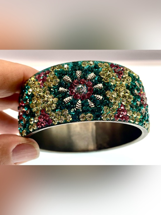 Vintage Jewelry - Vintage Rhinestone Crystal Floral Cuff Bracelet Wide Multicolor Statement